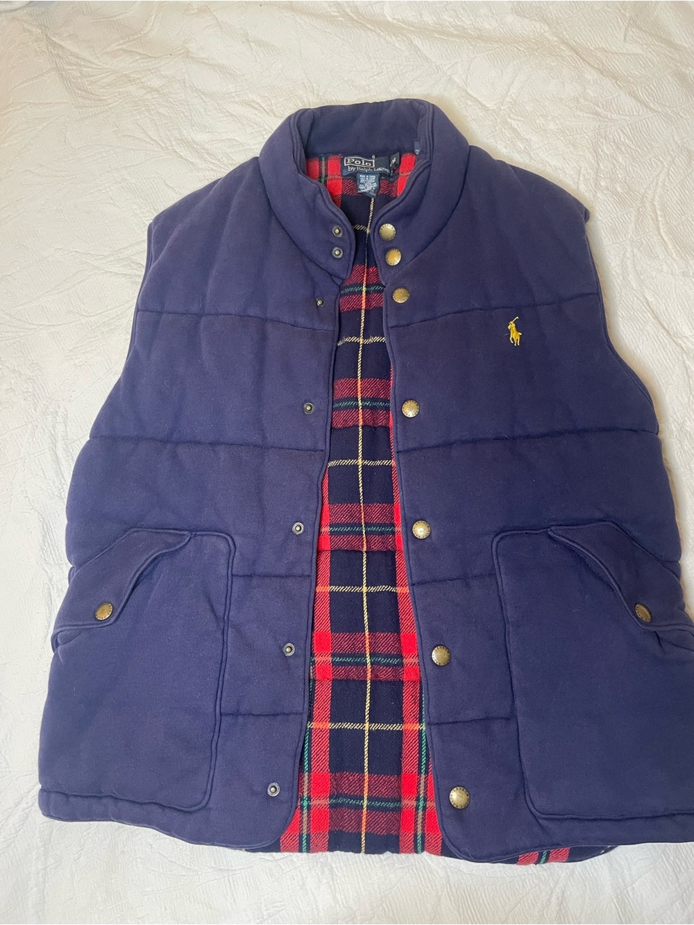 Vintage Polo by Ralph Lauren Men's Navy Quilted Vest with Plaid Lining